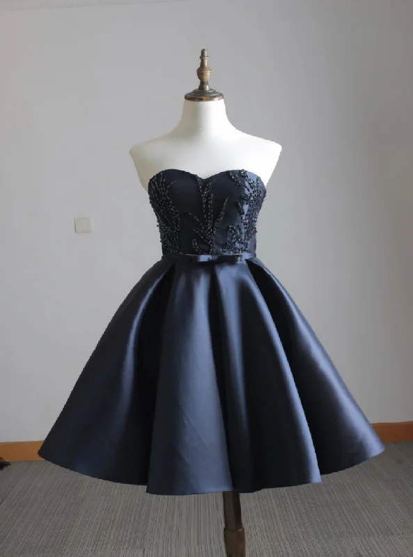 Navy blue satin sweetheart beaded short party dresses for teens Tunics Cozy comfortable
