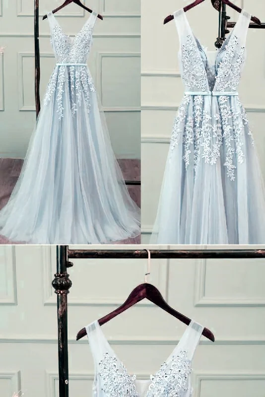 Sliver-Grey Tulle Long Lace V-neckline Party Dress, Floor Length Prom Dress Tunics Custom made