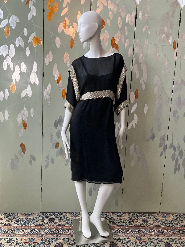 Vintage 1980s Chloé Black Silk Beaded Jacket Top and Dress Set, Medium Embroidered Jacket Appliqued Jacket Beaded Jacket