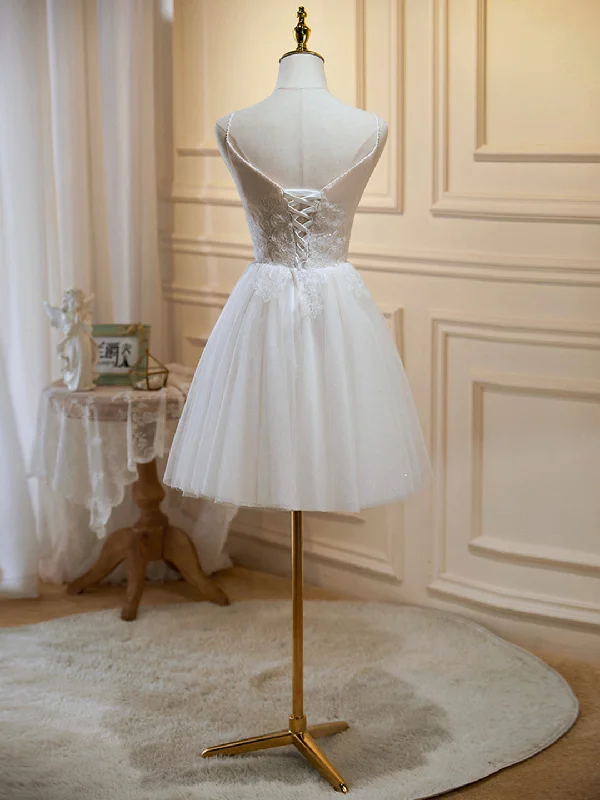 Ivory V-Neck Lace Straps Party Dress, Ivory Knee Length Prom Dress Tunics Party sparkling