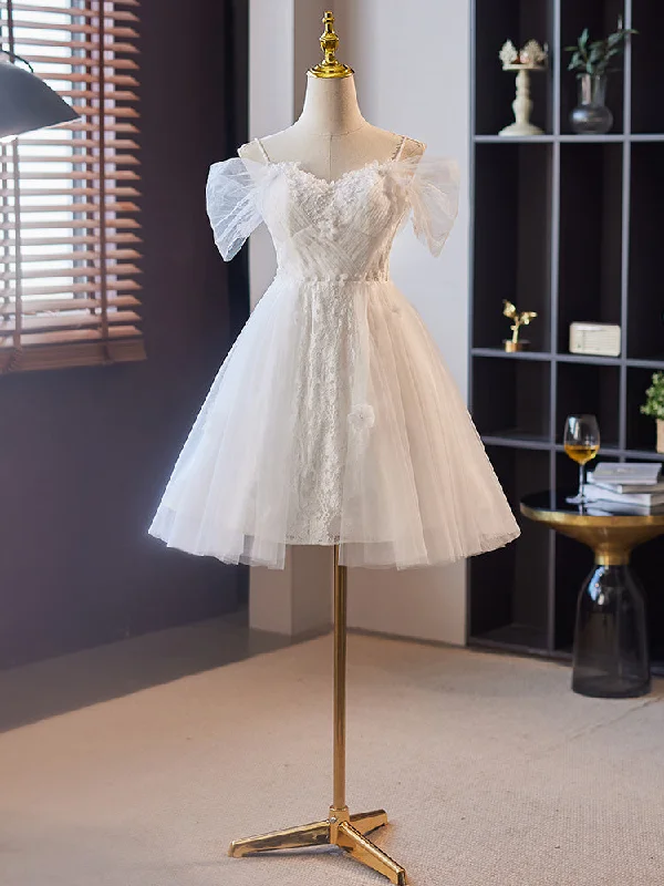 White Tulle with Lace Off Shoulder Short Party Dress, White Prom Dress Formal Dress Tunics Hiking breathable