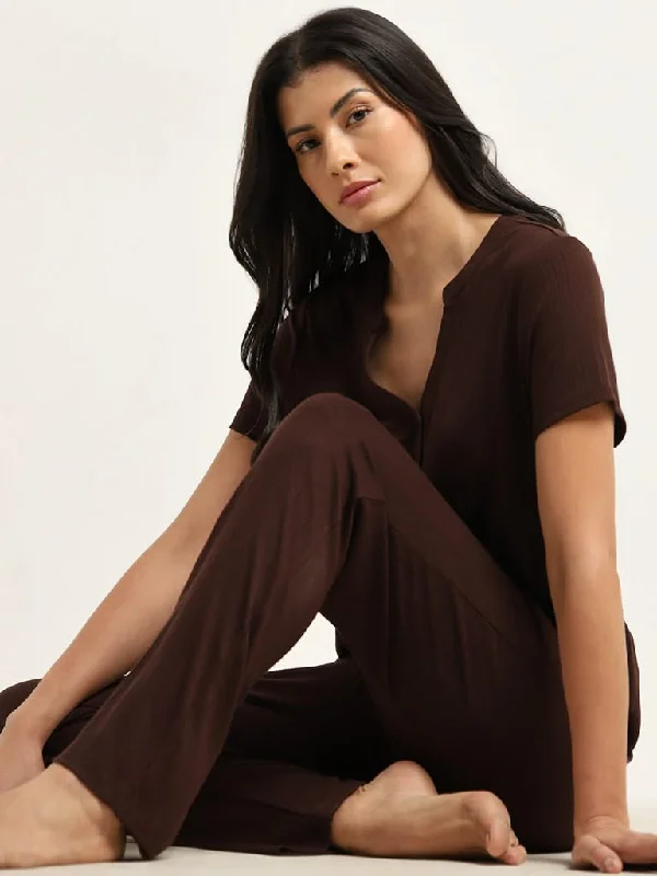 Wunderlove Dark Brown Ribbed High-Rise Pants Soft Wool Pants