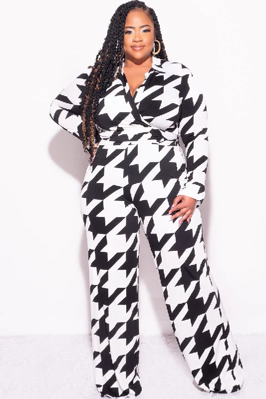 Final Sale Plus Size 2pc Collar Crop Faux Wrap Tie Top and Pants Set in Black & Off White Houndstooth Print Elegant Trouser Pants