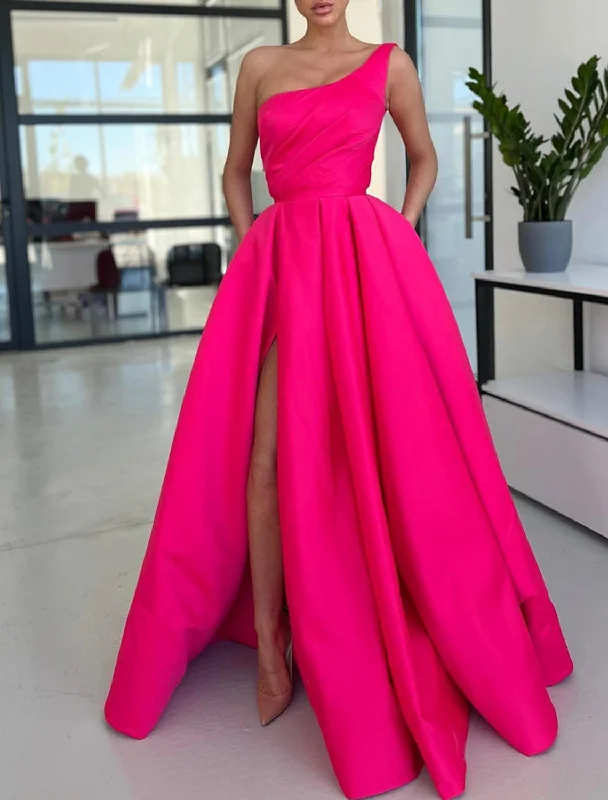 A-Line Prom Dresses Party Dress Formal Wedding Guest Sweep / Brush Train Sleeveless One Shoulder Satin with Ruched Slit Off-the-shoulder Chic Trendy