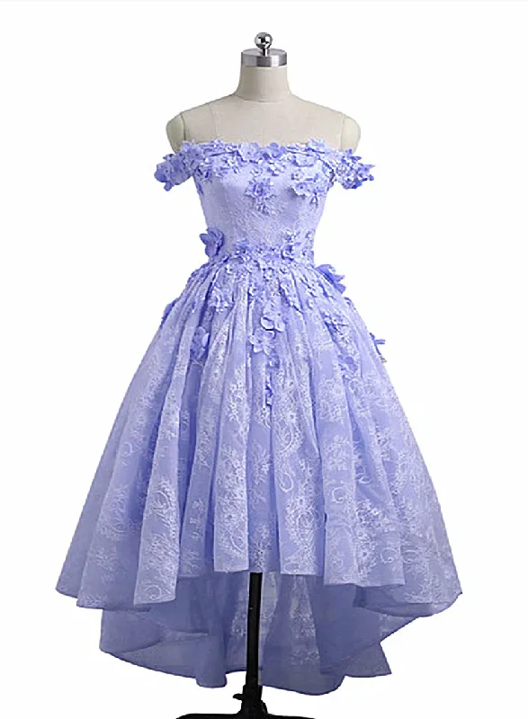 Lovely Lavender High Low Lace Party Dress, Cute Off Shoulder Prom Dress Tunics Brand named