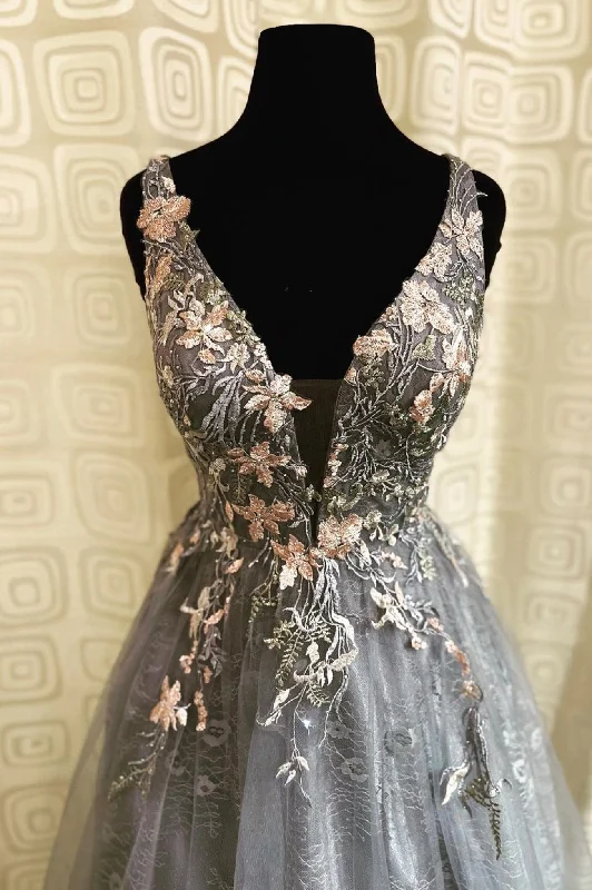 Gray Tulle Lace long A-Line Prom Dress, Gray V-Neck Evening Party Dress Pencil Length Work