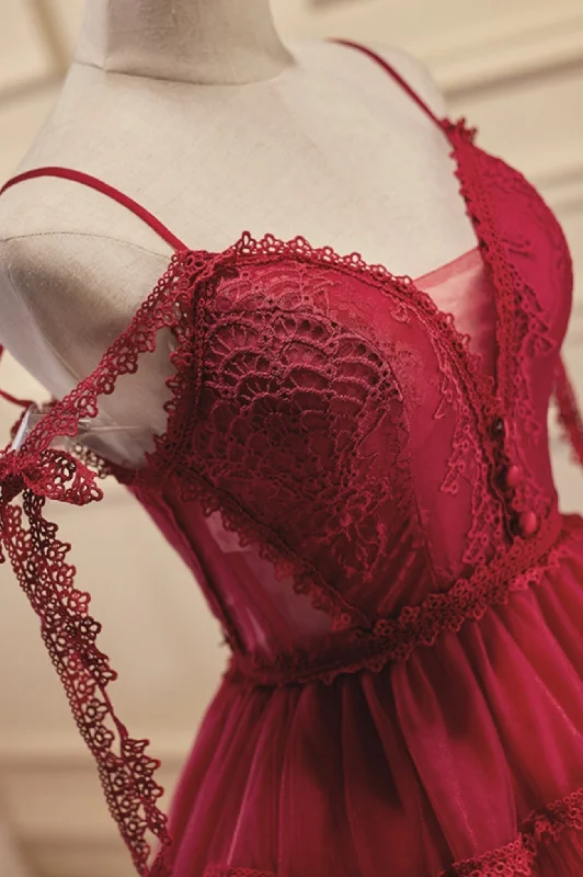Burgundy Lace Short A-line Prom Dress, Cute Spaghetti Strap Party Dress Tunics Custom made