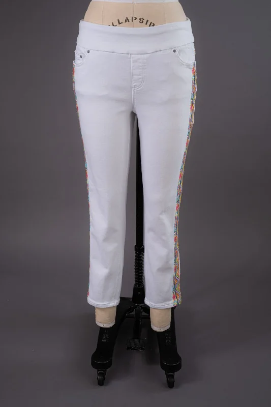 Fit and Fabulous White Pull-On Ankle Pant With Orange and Yellow Embroidery on Leg Trendy Wide-Leg Pants