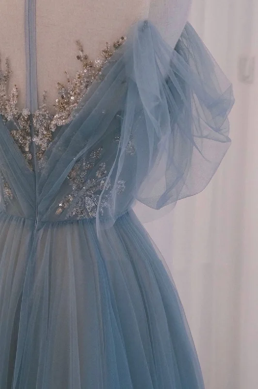A-line Blue with Lace Applique Party Dress, Long Blue Formal Dress Prom Dress Tunics Satin smooth
