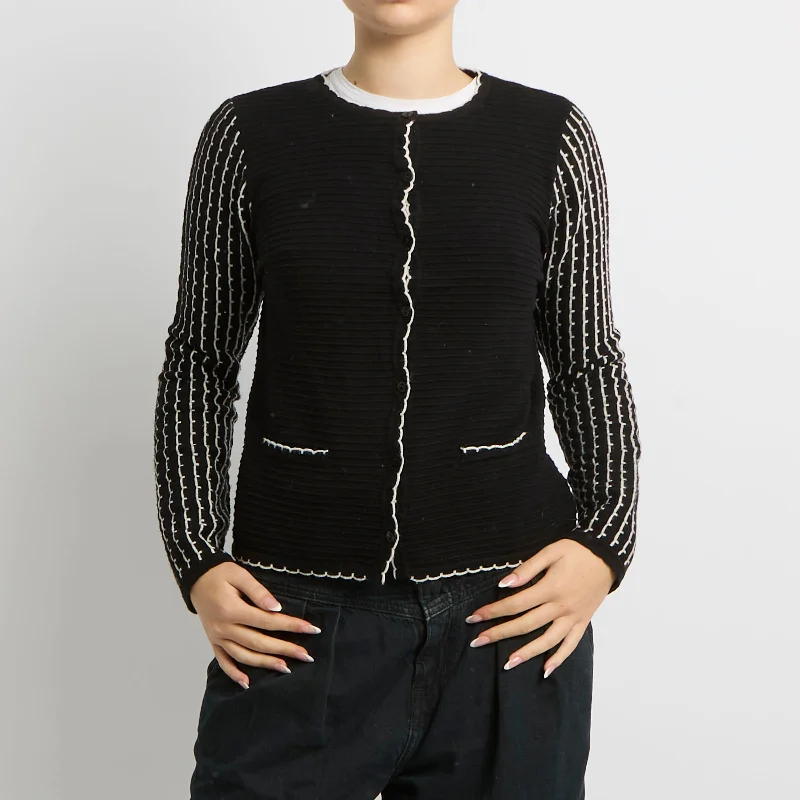 Contrast Stitch Textured Cardigan - UK 12 Satin Blend Silk Blend Wool Blend