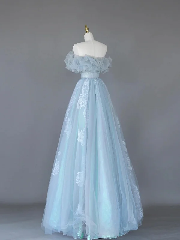 Light Blue Tulle Lace Long Prom Dress, Beautiful Off Shoulder Evening Party Dress Tunics Evening elegant