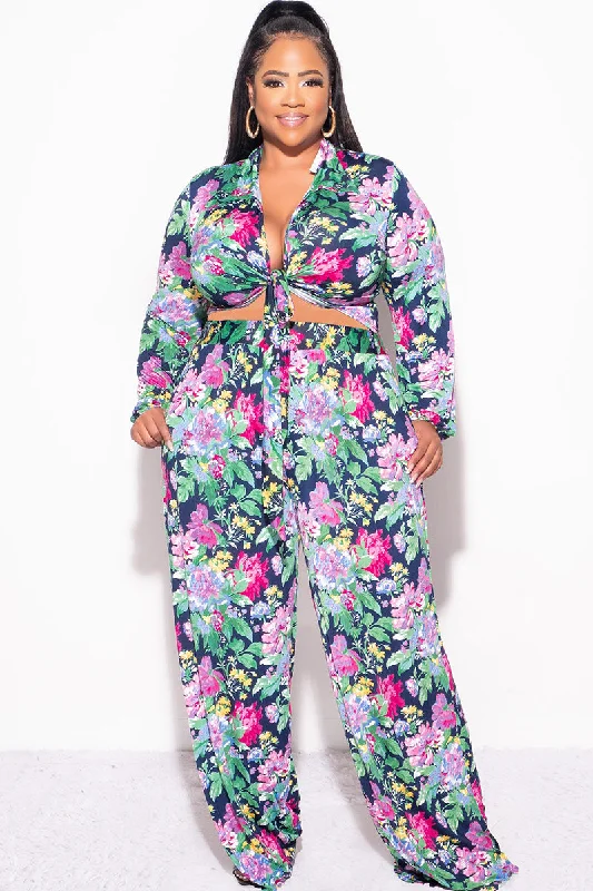 Final Sale Plus Size 2pc Collar Crop Faux Wrap Tie Top and Pants Set in Floral Multi Color Print Fashionable Sporty Pants Final Sale Plus Size 2pc Collar Crop Faux Wrap Tie Top and Pants Set in Floral Multi Color Print Fashionable Sporty Pants