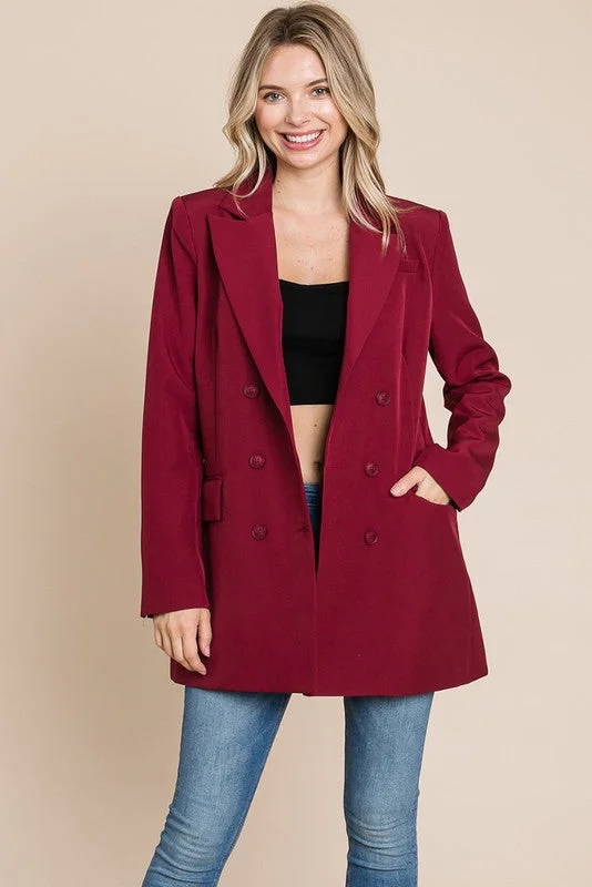 Burgundy Collar Long Double Breasted Blazer Jacket Snapped Jacket Toggled Jacket Drawstring Jacket