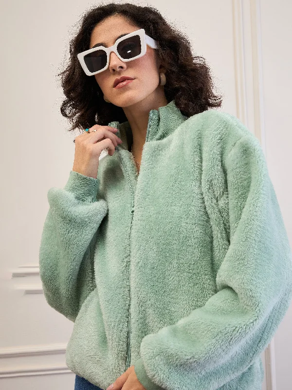 Women Green Fur High Neck Front Zipper Jacket Faux Fur Fabric Real Fur Fabric Shearling Fabric
