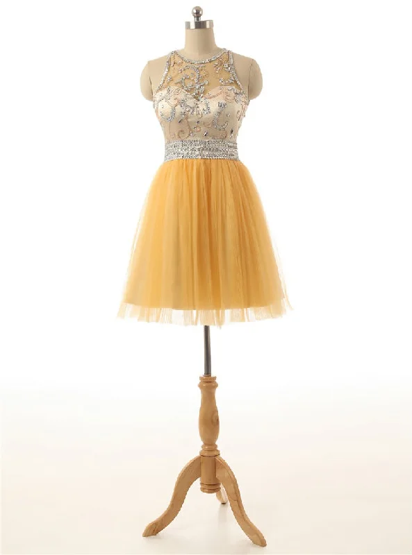 Short Yellow Tulle Prom Party Dresses A Line Homecoming Dresses Sequins Beading Tunics Brand named