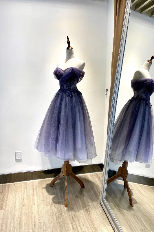 Blue Tulle Lace Short Prom Dress, Off the Shoulder Evening Party Dress Tunics Top rated