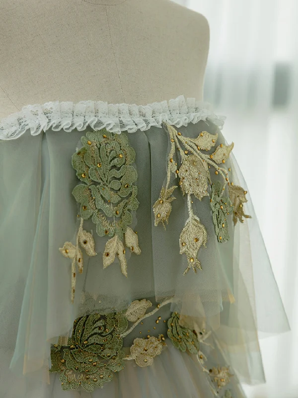 Green Tulle Lace Long Prom Dress, Green Off Shoulder Evening Party Dress Tunics Bridal satin
