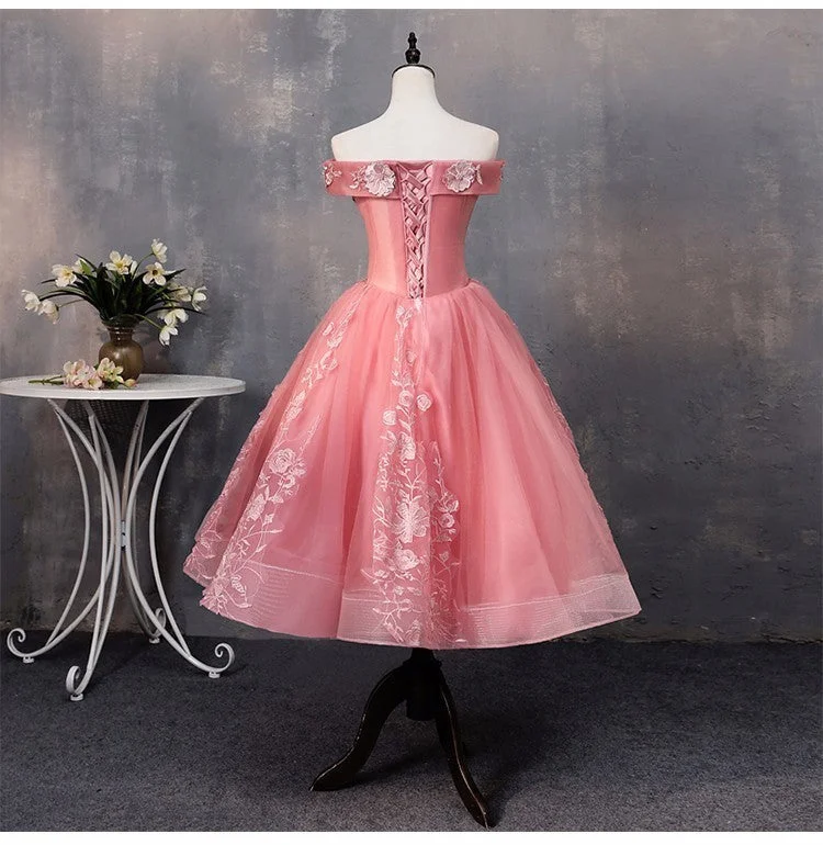 Lovely Pink Off Shoulder Party Dress, Lace Applique Prom Dress Tunics Seasonal trendy