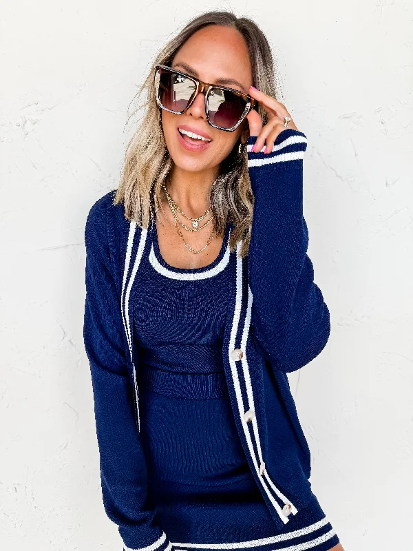 Top Of The Class Varsity Cardigan-Navy Crew Neck V-Neck Turtle Neck