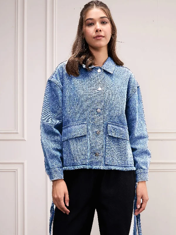 Women Blue Washed Denim Front Pocket Jacket Mesh Jacket Canvas Jacket Denim Jacket