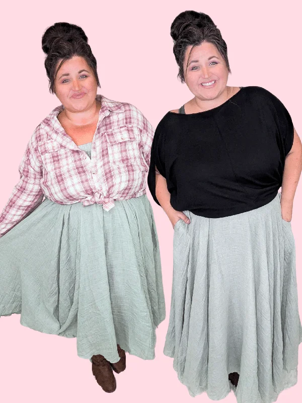 Martie Pull On Midi Skirt in Sage corduroy skirt cozy