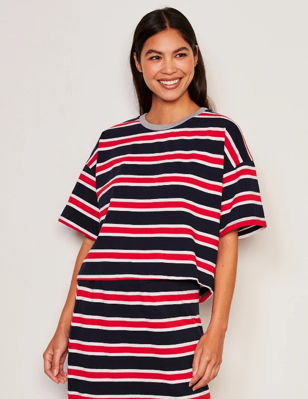Sundry Crop Crew Neck Tee & Midi Side Slit Skirt Set Redin Flare Red denim skirt casual