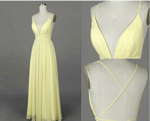 beautiful light yellow cross back long chiffon prom dresses party dresses evening dresses Tunics Running lightweight