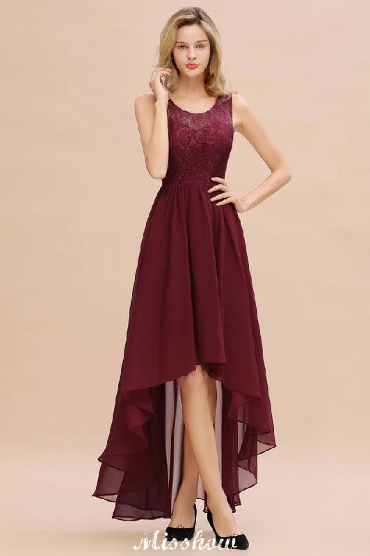 Burgundy Hi-Lo Evening Party Dress Sleeveless Lace Bridesmaid Dress Tunics Denim casual