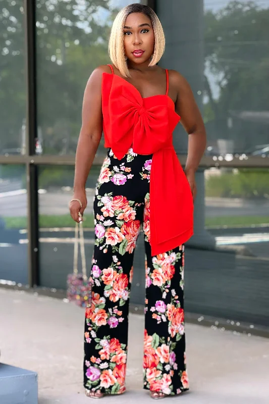 Carmen Floral Flare Leg Pants Red/Lavendar Slim-Fit Leggings