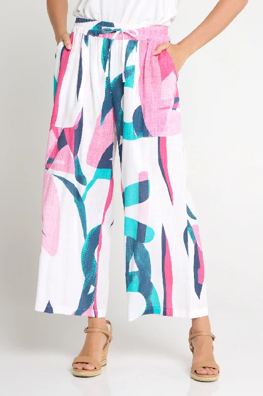Aiko Linen Pants - Teal/Flamingo Pink Swirl Casual Wide Pants