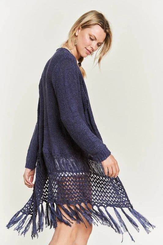 Jade By Jane Fringe Knit Cardigan Herringbone Houndstooth Plaid