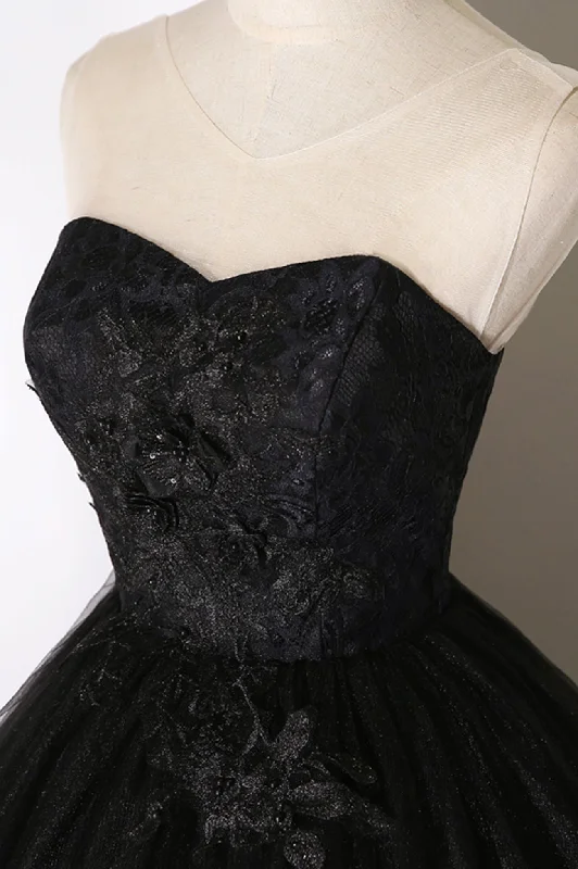 Black Tulle Lace Long Prom Dress, Black Scoop Neckline Evening Party Dress High-Low Hemline Casual