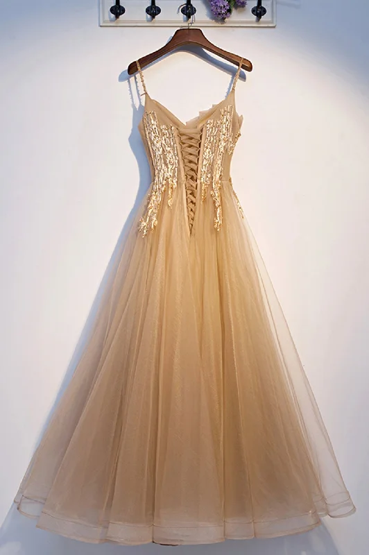 Yellow Spaghetti Straps Lace Long Prom Dress, A-Line Evening Party Dress Off-the-shoulder Bohemian Festive
