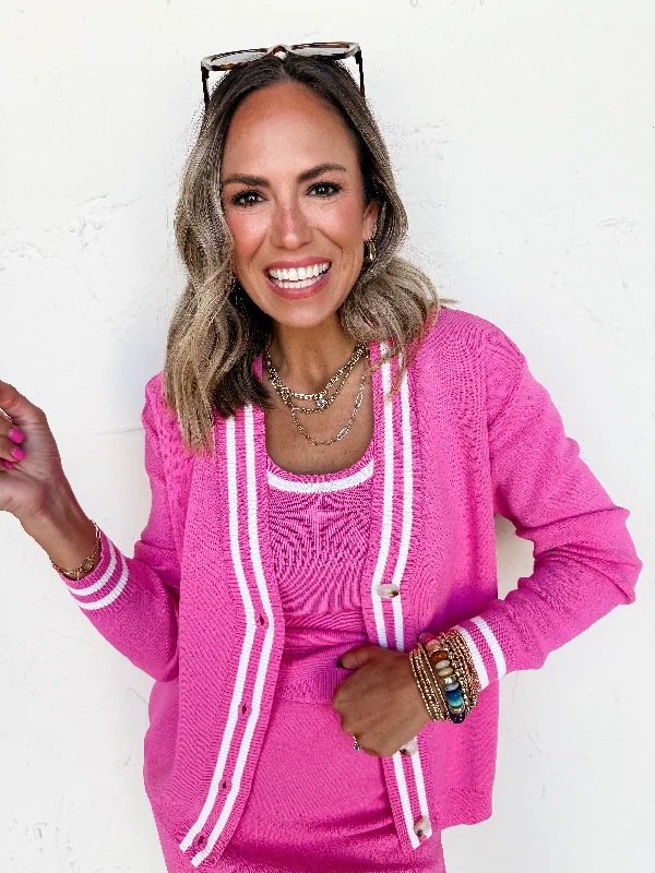 Top Of The Class Varsity Cardigan-Pink Open Front Closed Front Wrap Front