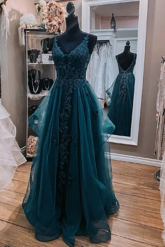 Teal Blue Tulle V-Neckline Long Party Dress With Lace, Teal Blue Long Prom Dress Tunics Cozy comfortable