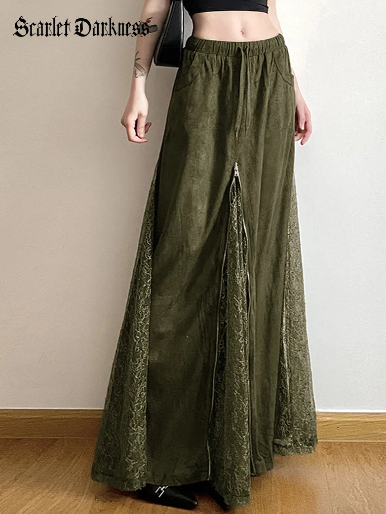Renaissance Mist Retro Splicing Lace Pocket Skirt wool skirt warm