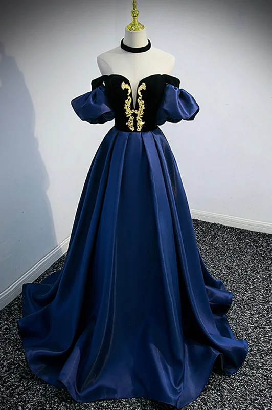 Blue Satin Lace Long Prom Dress, Blue Short Sleeve Evening Party Dress Lace Sexy Club