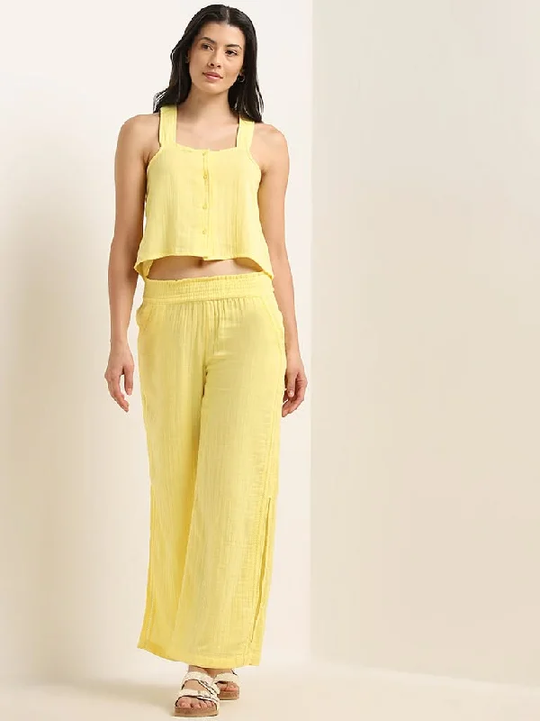Wunderlove Yellow Crinkle Mid-Rise Cotton Beach Pants Casual Track Pants