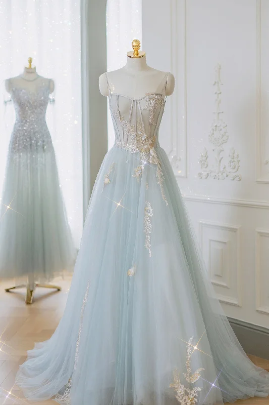 Blue Strapless Lace Formal Prom Dress, A-Line Tulle Evening Party Dress Tunics Stylish elegant
