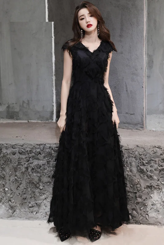 Black V-neck Short Sleeves Long Party Dress Prom Dress A-Line Day Work