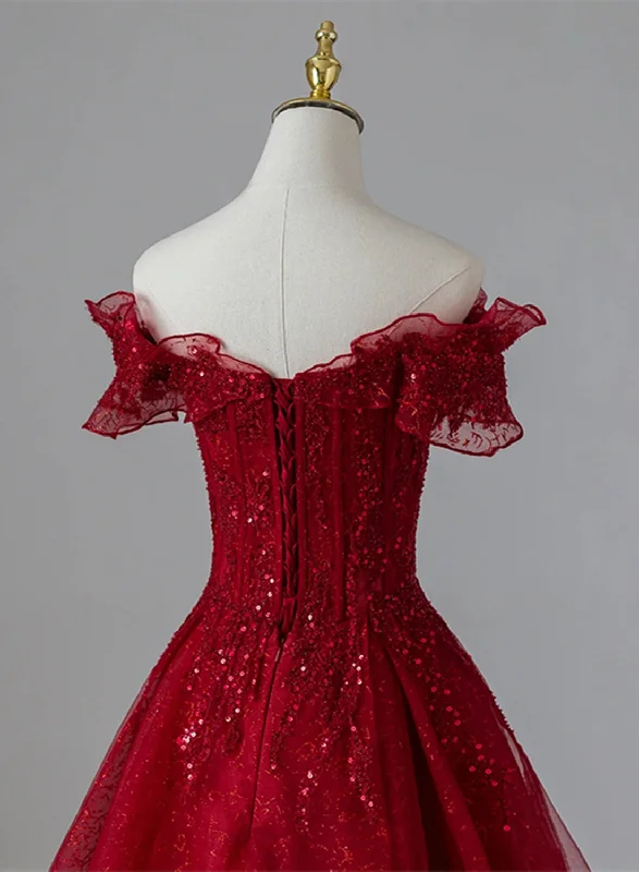Wine Red Tulle with Sequins and Lace Party Dress, Wine Red A-line Prom Dress Crew Neckline Sporty
