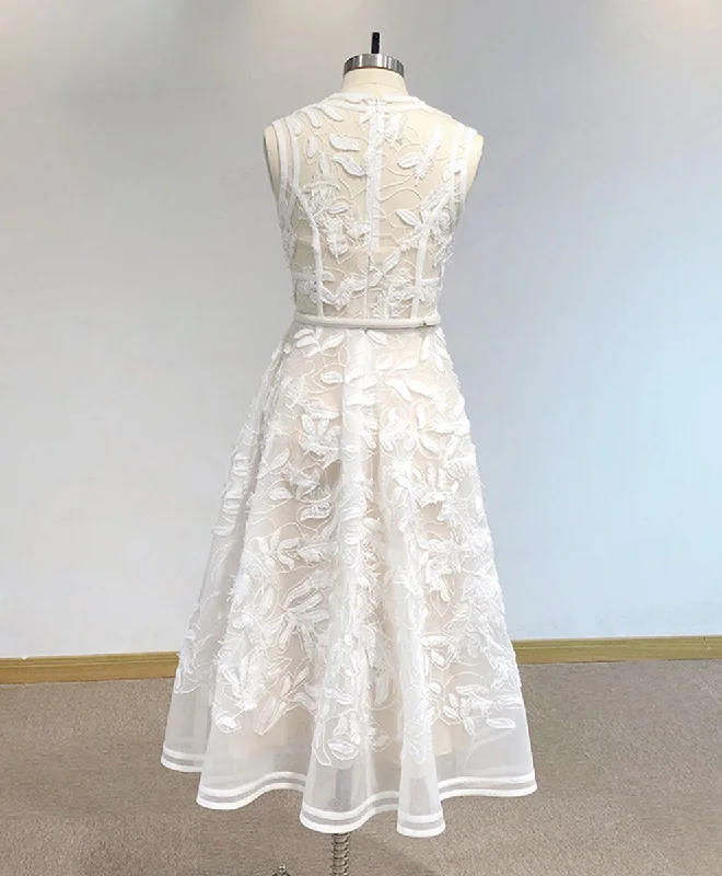 White High Neck Tulle Lace Prom Dress, Lace Formal Party Dress Boatneck Modish Everyday