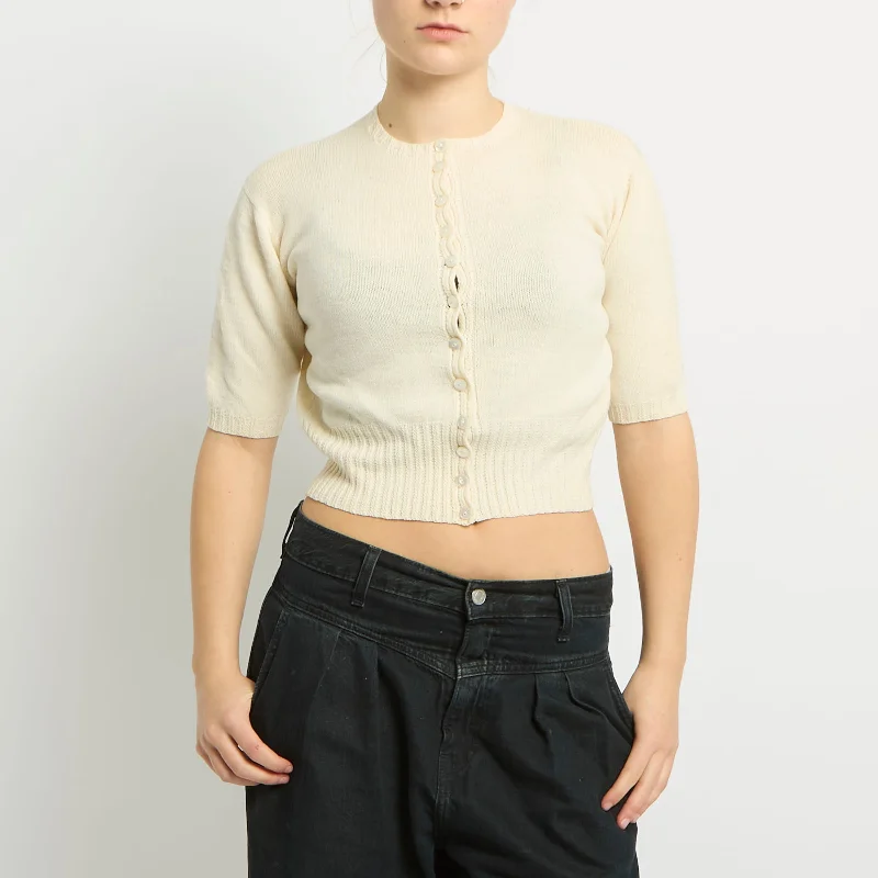Short Sleeve Knit Cropped Cardigan - UK 8 Mesh Blend Leather Blend Suede Blend