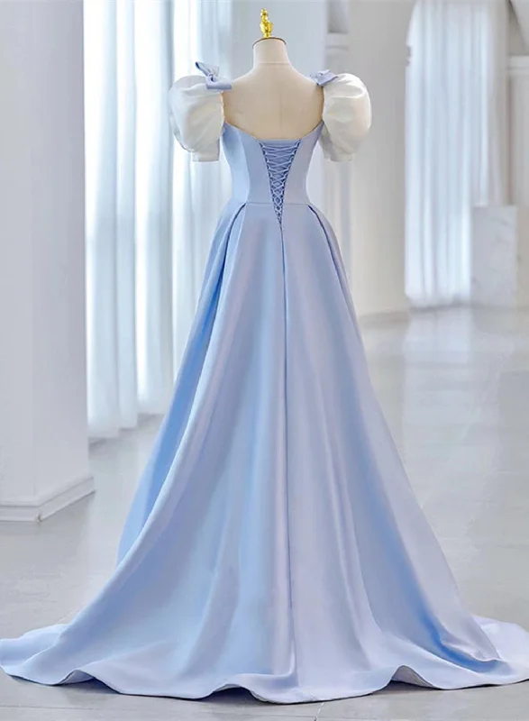 Blue Satin Short Sleeves with Bow Lace-up Party Dress, Blue Prom Dress Cowl Neckline Elegant