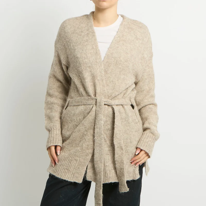 Tie Waist Soft Knit Long Cardigan - UK 12 Terry Blend Velvet Blend Canvas Blend