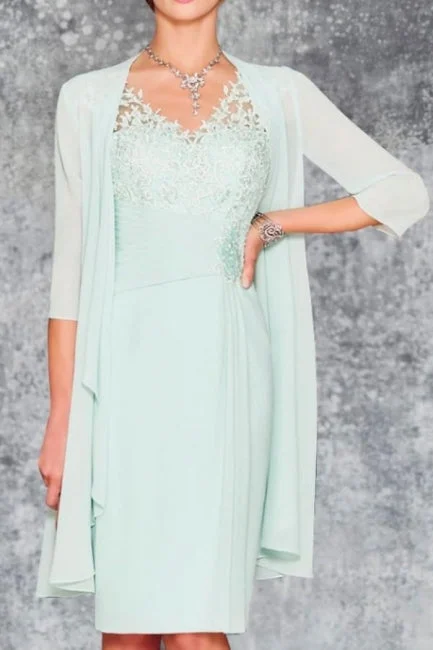 Charming Short Mint Chiffon Lace Mother of The Bride Dress with Jacket Collared Jacket Crew Neck Jacket Turtle Neck Jacket