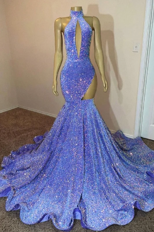 Halter Sequin Lavender Keyhole Mermaid Prom Party Dresses with Cutout Tunics Review highly