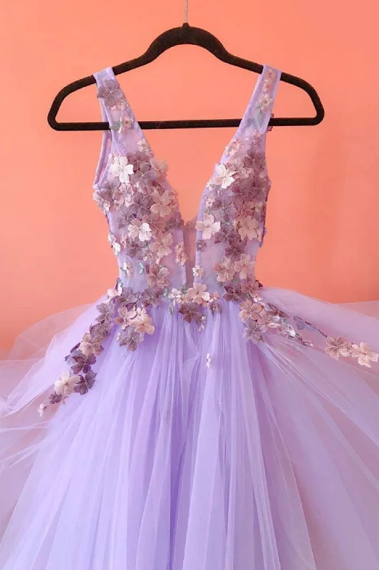 Purple Tulle Lace Long A-Line Prom Dress, V-Neck Evening Party Dress A-Line Day Work