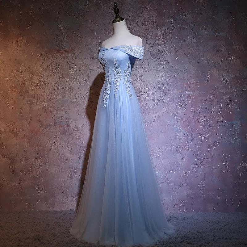 Charming Blue Elegant Tulle Party Dress with Lace Applique, Long Prom Dress Tunics Modern contemporary