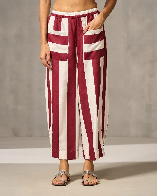 Serene Pants - Red & Ivory Stripes Trendy Printed Pants
